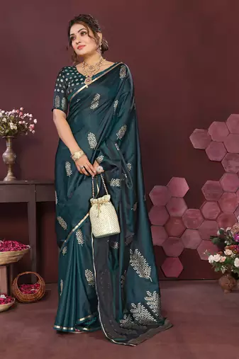 teal Satin silk floral motifs zari weaving banarasi saree