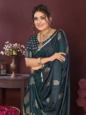 teal Satin silk floral motifs zari weaving banarasi saree 6