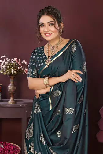 teal Satin silk floral motifs zari weaving banarasi saree