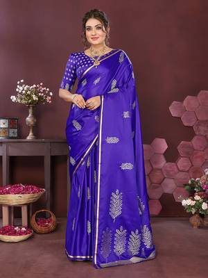deep blue Satin silk floral motifs zari weaving banarasi saree 1