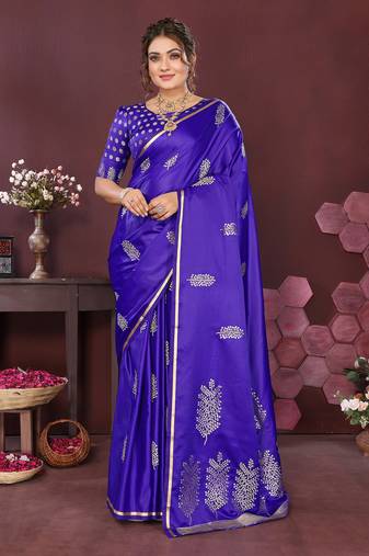 deep blue Satin silk floral motifs zari weaving banarasi saree