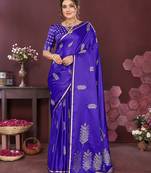deep blue Satin silk floral motifs zari weaving banarasi saree