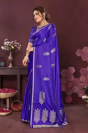 deep blue Satin silk floral motifs zari weaving banarasi saree