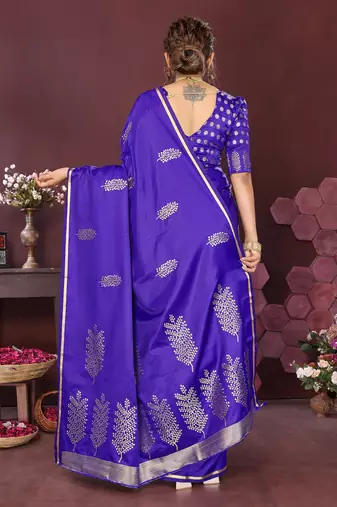 deep blue Satin silk floral motifs zari weaving banarasi saree