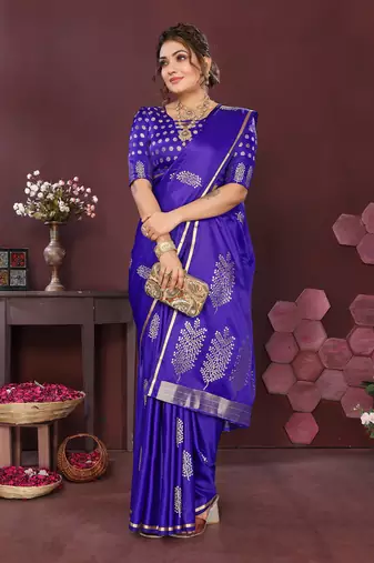 deep blue Satin silk floral motifs zari weaving banarasi saree