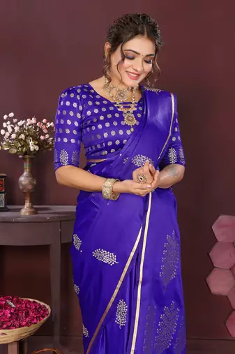 deep blue Satin silk floral motifs zari weaving banarasi saree