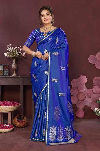 royal blue Satin silk floral motifs zari weaving banarasi saree