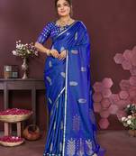 royal blue Satin silk floral motifs zari weaving banarasi saree