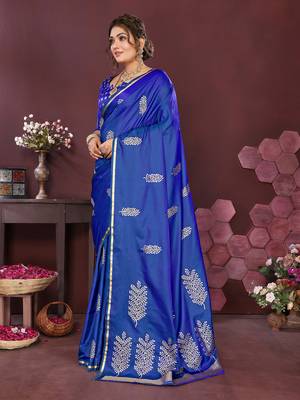 royal blue Satin silk floral motifs zari weaving banarasi saree 3