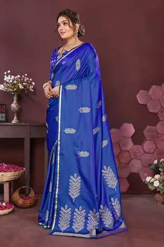 royal blue Satin silk floral motifs zari weaving banarasi saree
