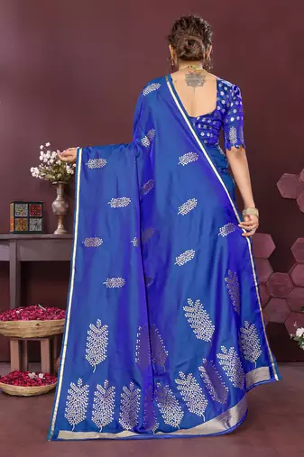royal blue Satin silk floral motifs zari weaving banarasi saree