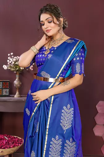 royal blue Satin silk floral motifs zari weaving banarasi saree