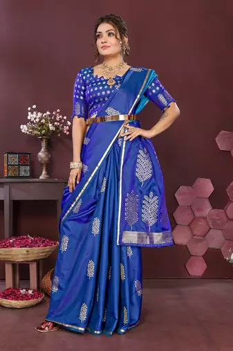 royal blue Satin silk floral motifs zari weaving banarasi saree