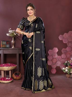 black Satin silk floral motifs zari weaving banarasi saree 1