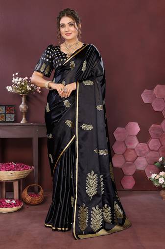 black Satin silk floral motifs zari weaving banarasi saree