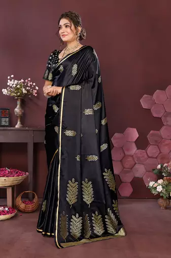 black Satin silk floral motifs zari weaving banarasi saree