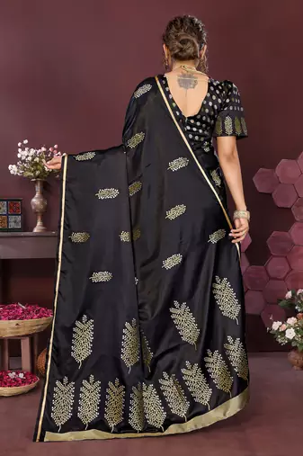 black Satin silk floral motifs zari weaving banarasi saree