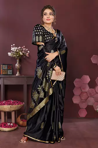 black Satin silk floral motifs zari weaving banarasi saree
