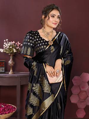 black Satin silk floral motifs zari weaving banarasi saree 6