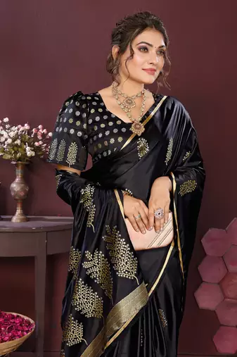 black Satin silk floral motifs zari weaving banarasi saree