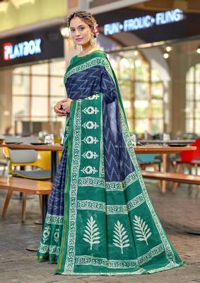 Blue mulcotton bagru block print saree with unstitched blouse 1