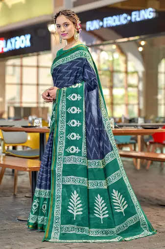 Blue mulcotton bagru block print saree with unstitched blouse