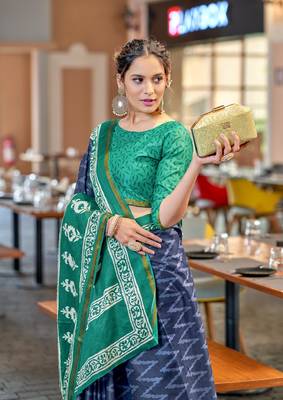 Blue mulcotton bagru block print saree with unstitched blouse 2