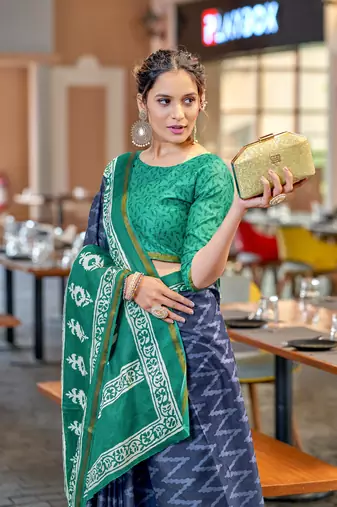 Blue mulcotton bagru block print saree with unstitched blouse