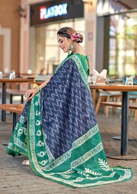 Blue mulcotton bagru block print saree with unstitched blouse 3