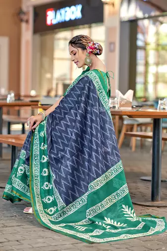 Blue mulcotton bagru block print saree with unstitched blouse