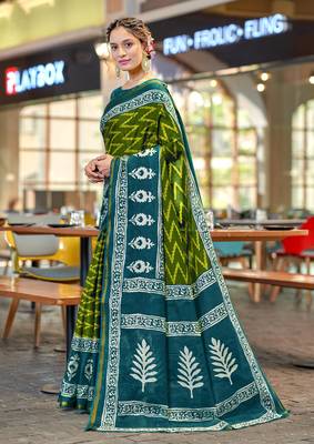 Green mulcotton bagru block print saree with unstitched blouse 1