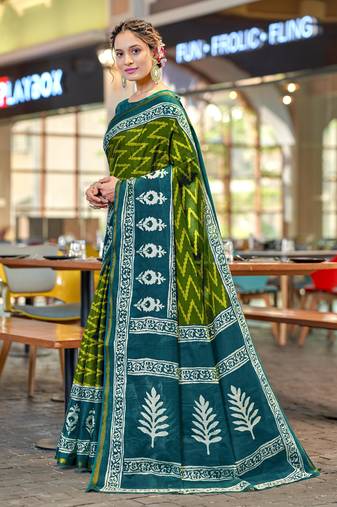 Green mulcotton bagru block print saree with unstitched blouse