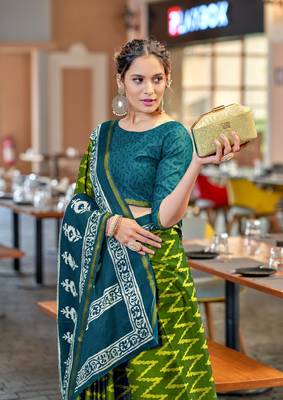 Green mulcotton bagru block print saree with unstitched blouse 2