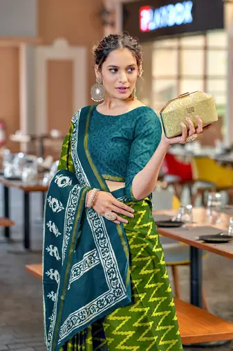 Green mulcotton bagru block print saree with unstitched blouse