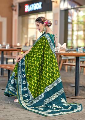 Green mulcotton bagru block print saree with unstitched blouse 3
