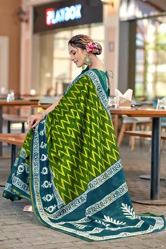 Green mulcotton bagru block print saree with unstitched blouse