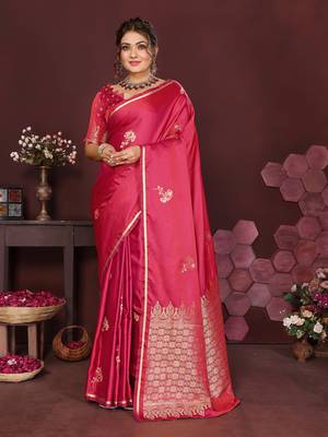 pink Satin silk floral print zari weaving banarasi saree 1