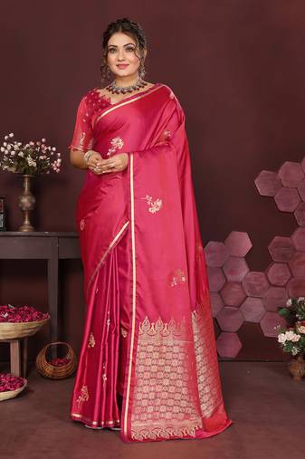 pink Satin silk floral print zari weaving banarasi saree
