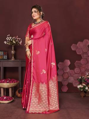 pink Satin silk floral print zari weaving banarasi saree 3