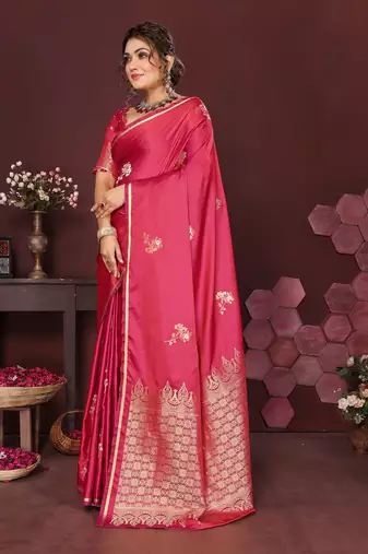 pink Satin silk floral print zari weaving banarasi saree