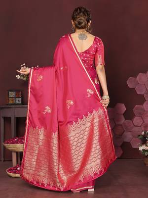 pink Satin silk floral print zari weaving banarasi saree 4