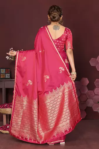 pink Satin silk floral print zari weaving banarasi saree