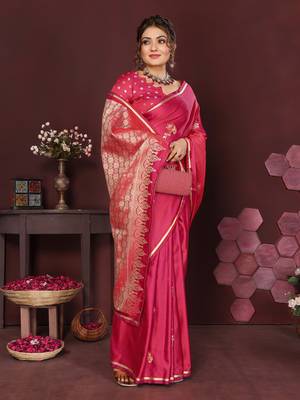 pink Satin silk floral print zari weaving banarasi saree 5