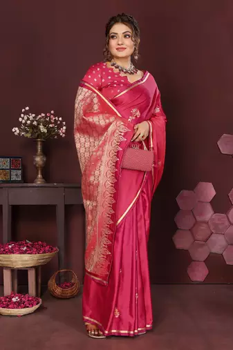 pink Satin silk floral print zari weaving banarasi saree