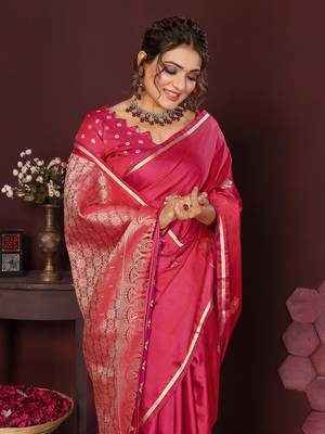 pink Satin silk floral print zari weaving banarasi saree 6