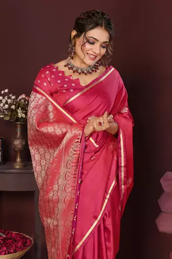 pink Satin silk floral print zari weaving banarasi saree