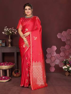 reddish pink Satin silk floral print zari weaving banarasi saree 1