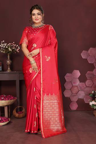 reddish pink Satin silk floral print zari weaving banarasi saree