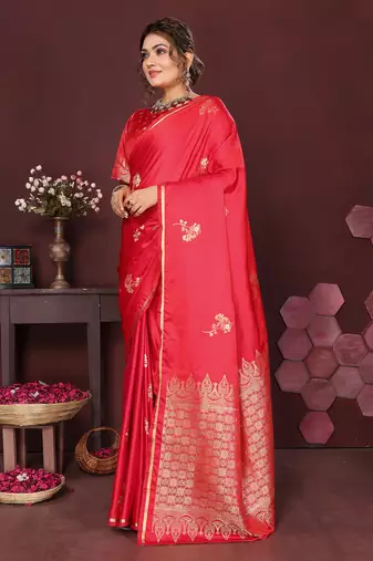 reddish pink Satin silk floral print zari weaving banarasi saree