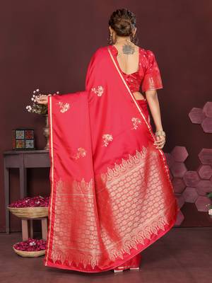 reddish pink Satin silk floral print zari weaving banarasi saree 4
